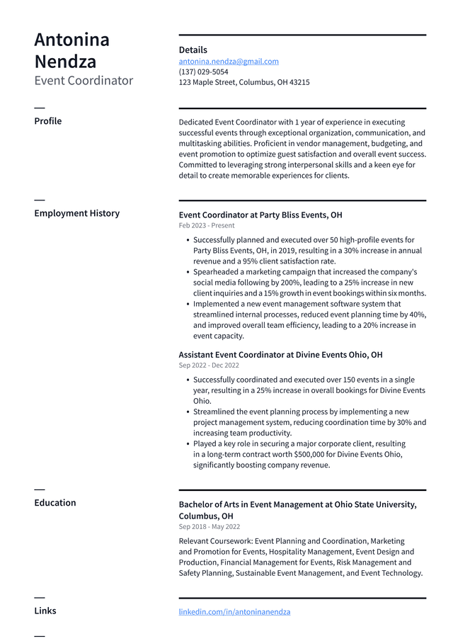 Pinterest Event Coordinator Resume Example