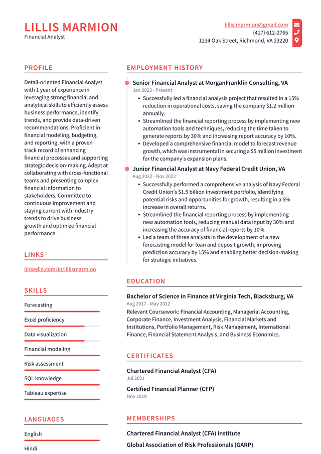 Pinterest Financial Analyst Resume Example