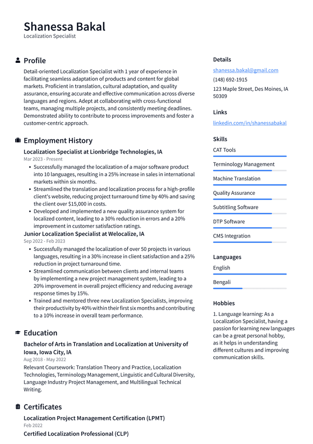 Pinterest Localization Specialist Resume Example