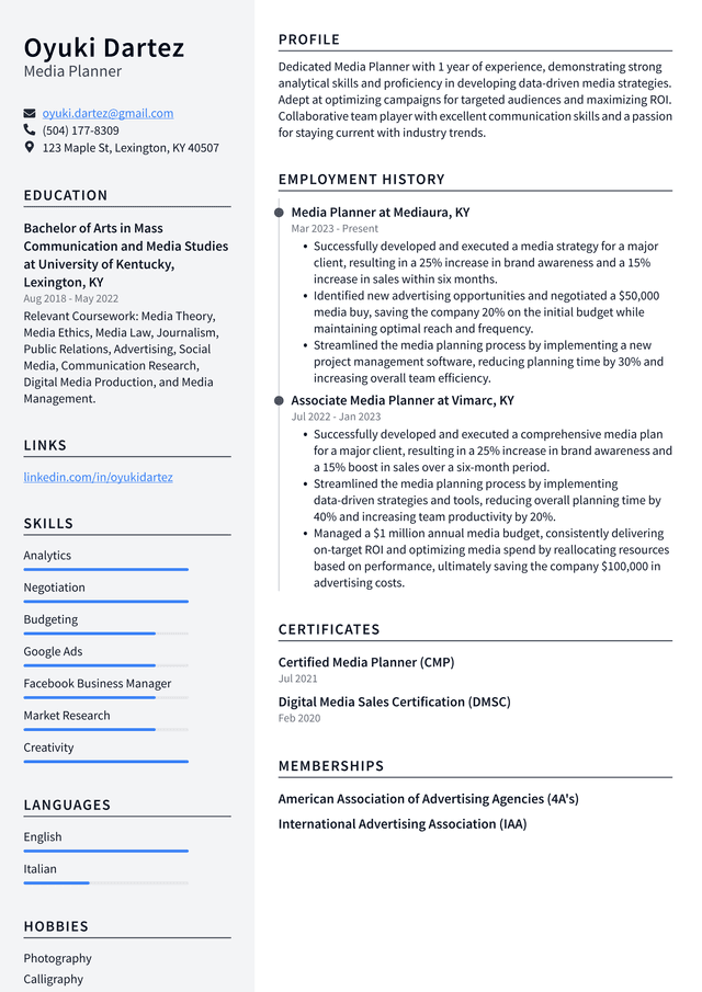 Pinterest Media Planner Resume Example