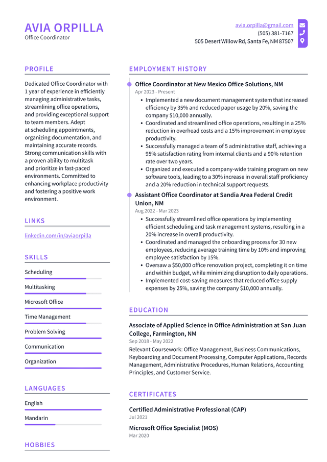 Pinterest Office Coordinator Resume Example