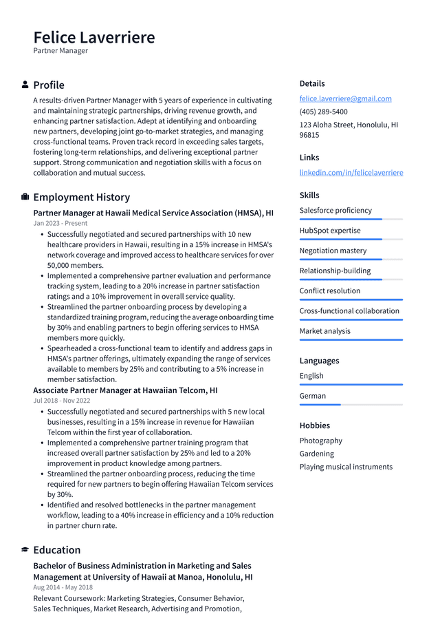 Pinterest Partner Manager Resume Example