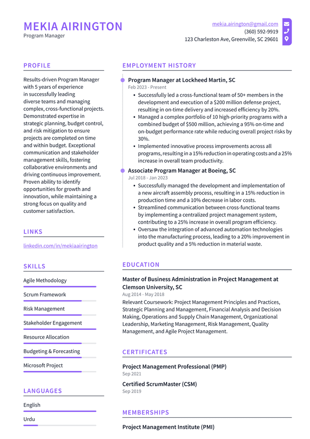 Pinterest Program Manager Resume Example