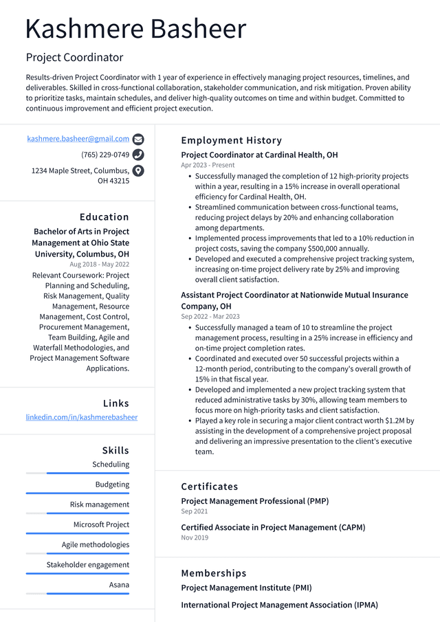 Pinterest Project Coordinator Resume Example