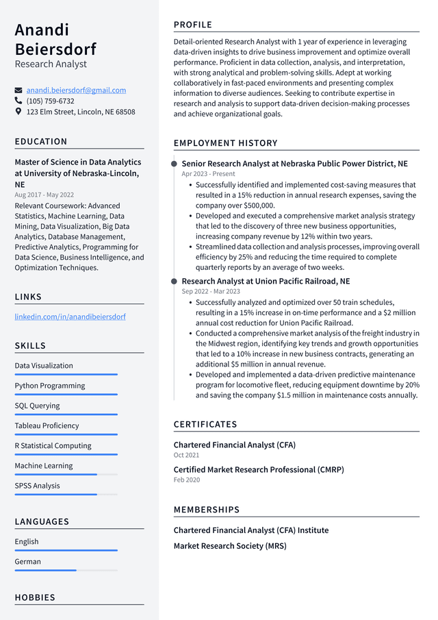 Pinterest Research Analyst Resume Example