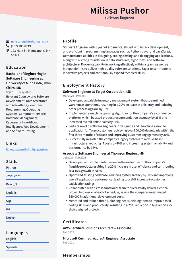 Pinterest Software Engineer Resume Example