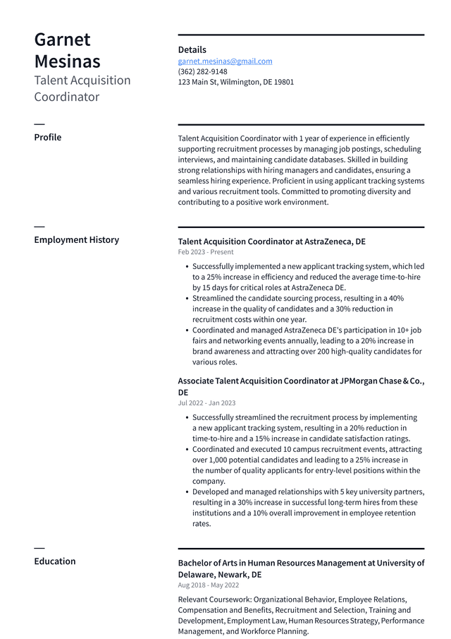 Pinterest Talent Acquisition Coordinator Resume Example