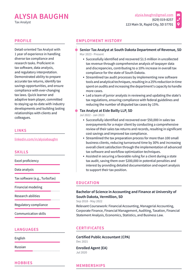 Pinterest Tax Analyst Resume Example