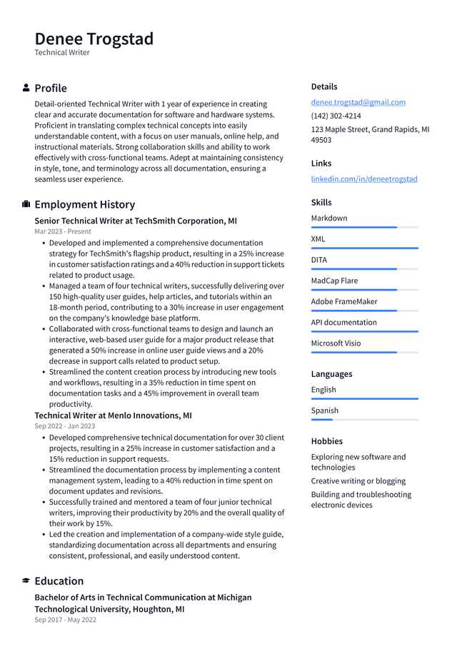 Pinterest Technical Writer Resume Example