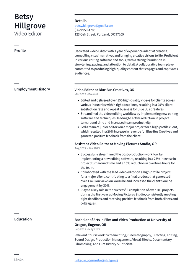 Pinterest Video Editor Resume Example