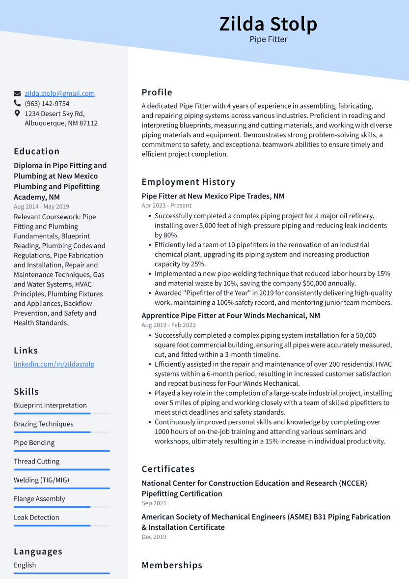 12 Pipe Fitter Skills Definition And Examples ResumeCat