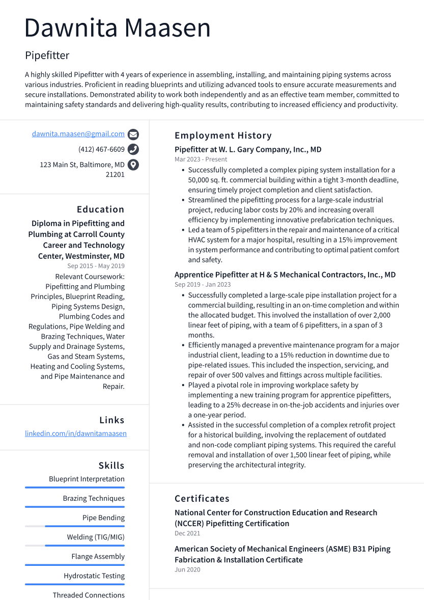 Pipefitter Resume Example