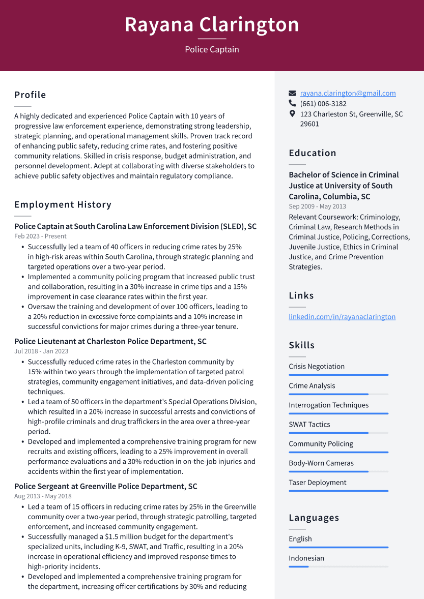 Police Captain Resume Example