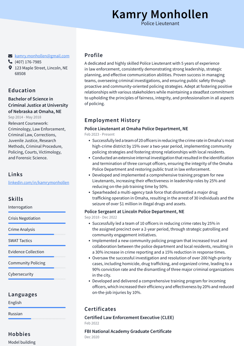 Police Lieutenant Resume Example