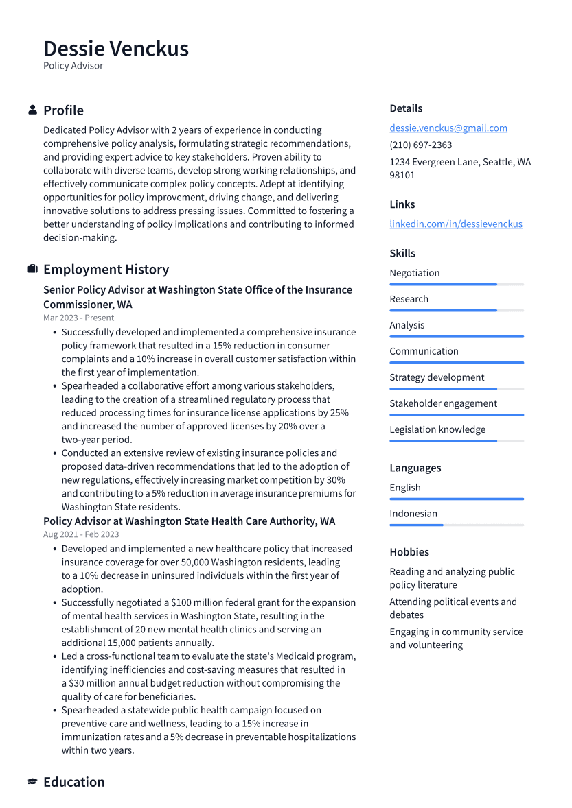 Policy Advisor Resume Examples and Templates | ResumeCat