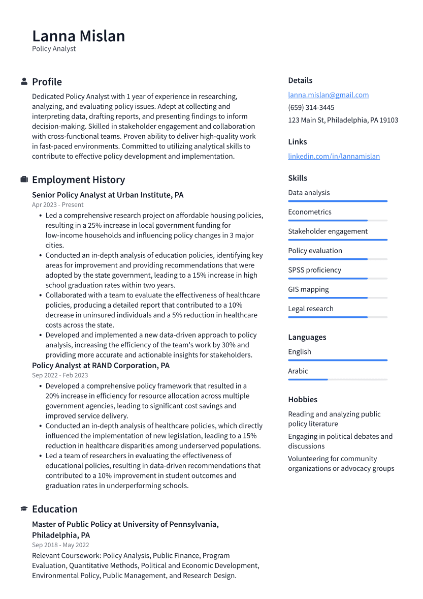 Policy Analyst Resume Example
