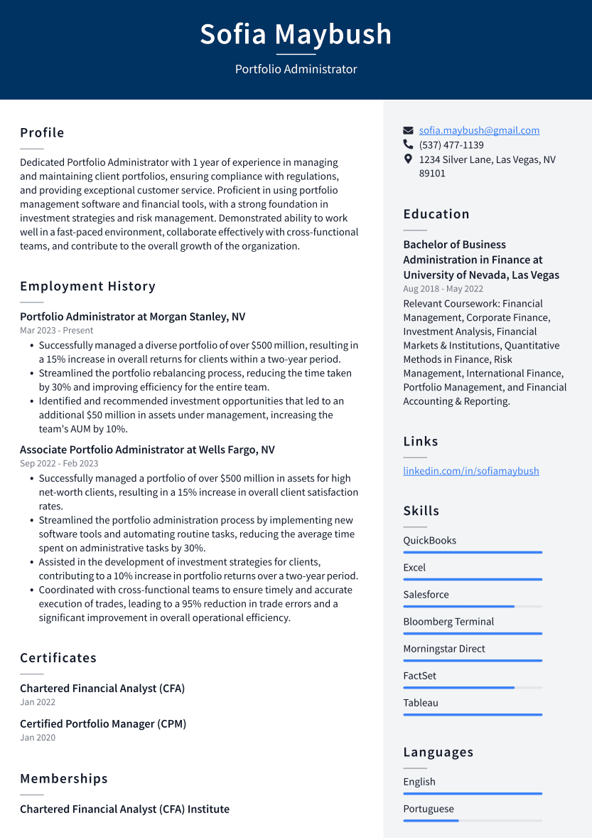 Portfolio Administrator Resume Example