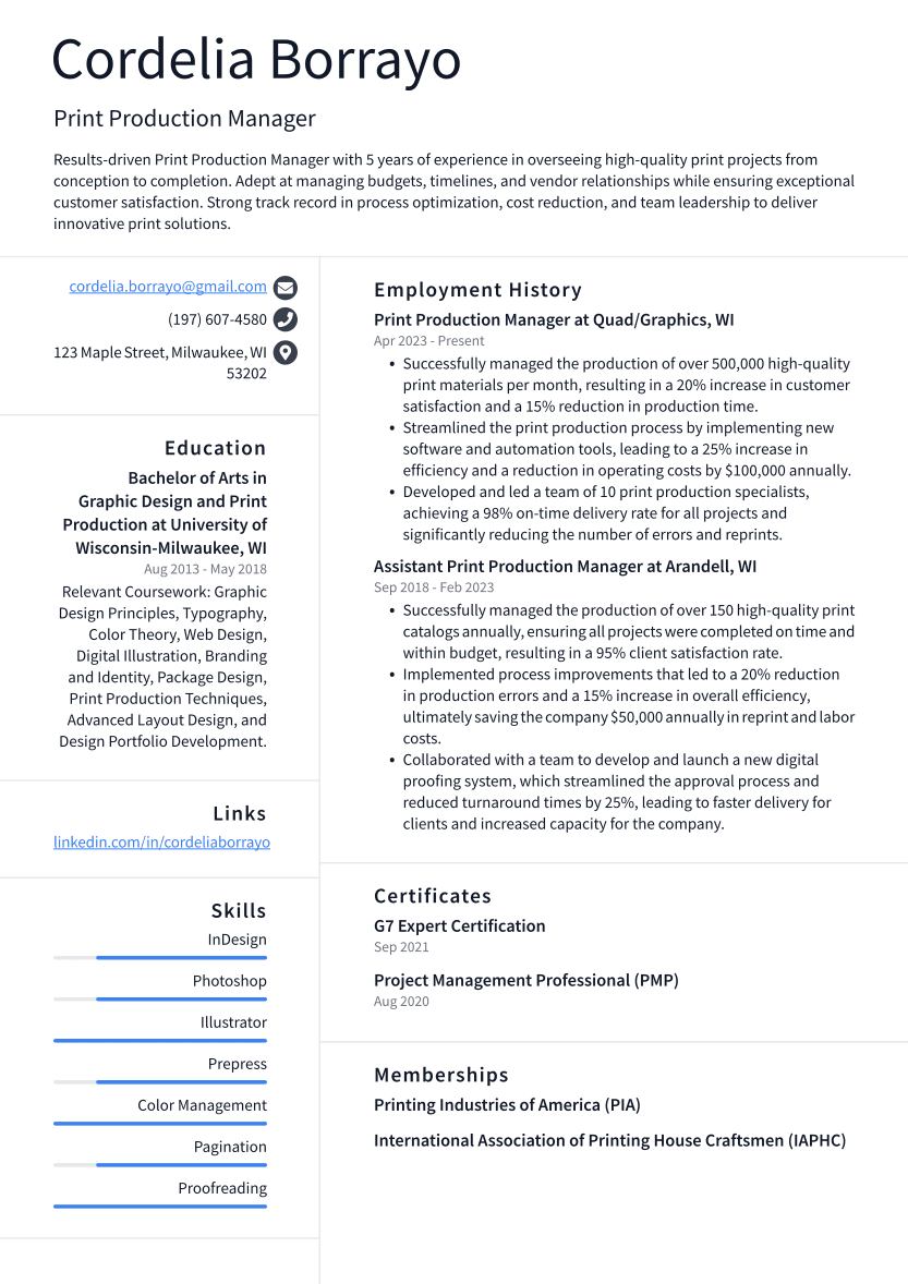 Print Production Manager Resume Example