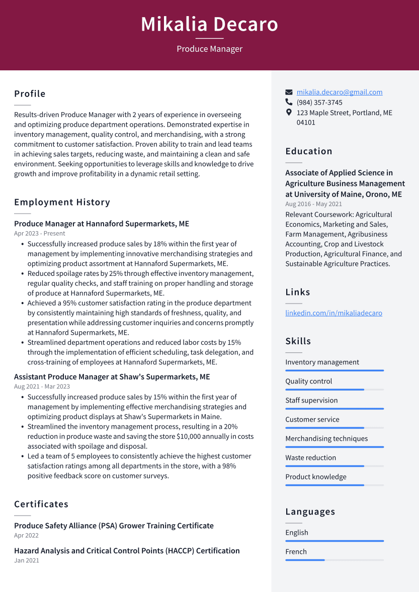 Produce Manager Resume Example