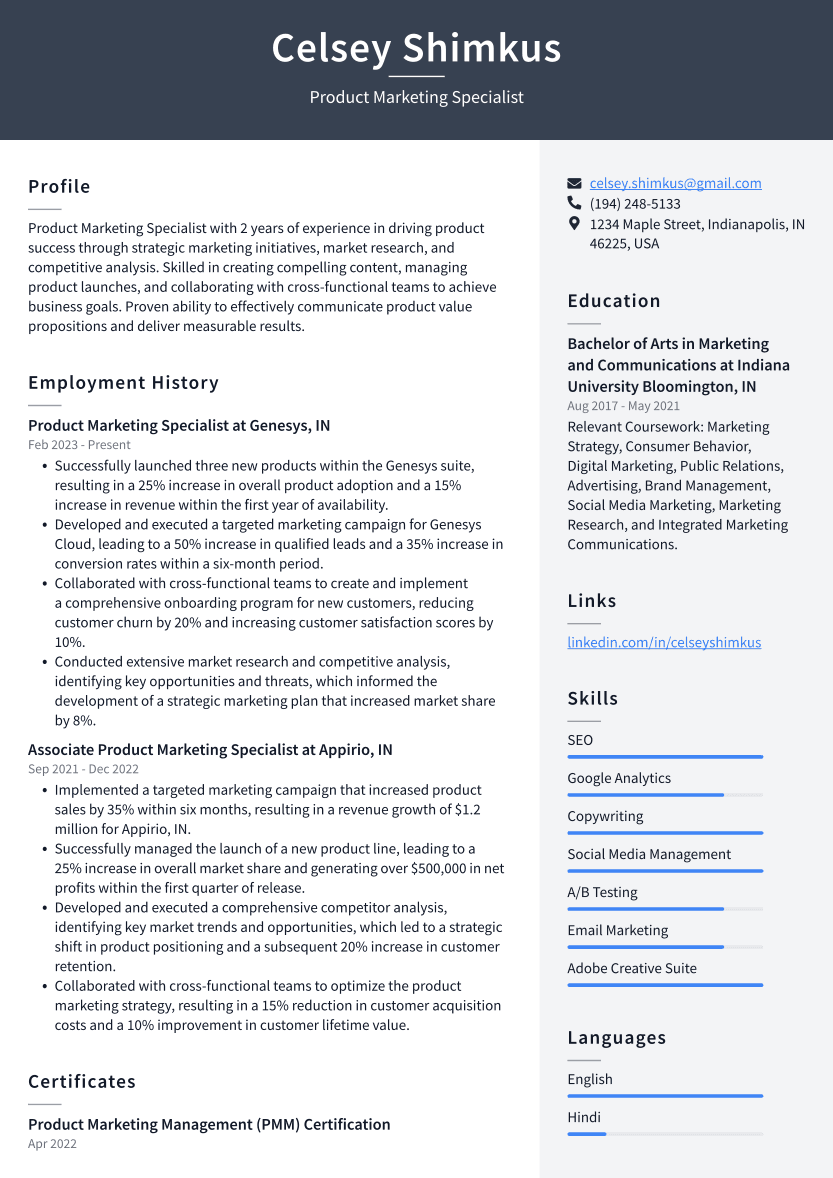 Product Marketing Specialist Resume Example