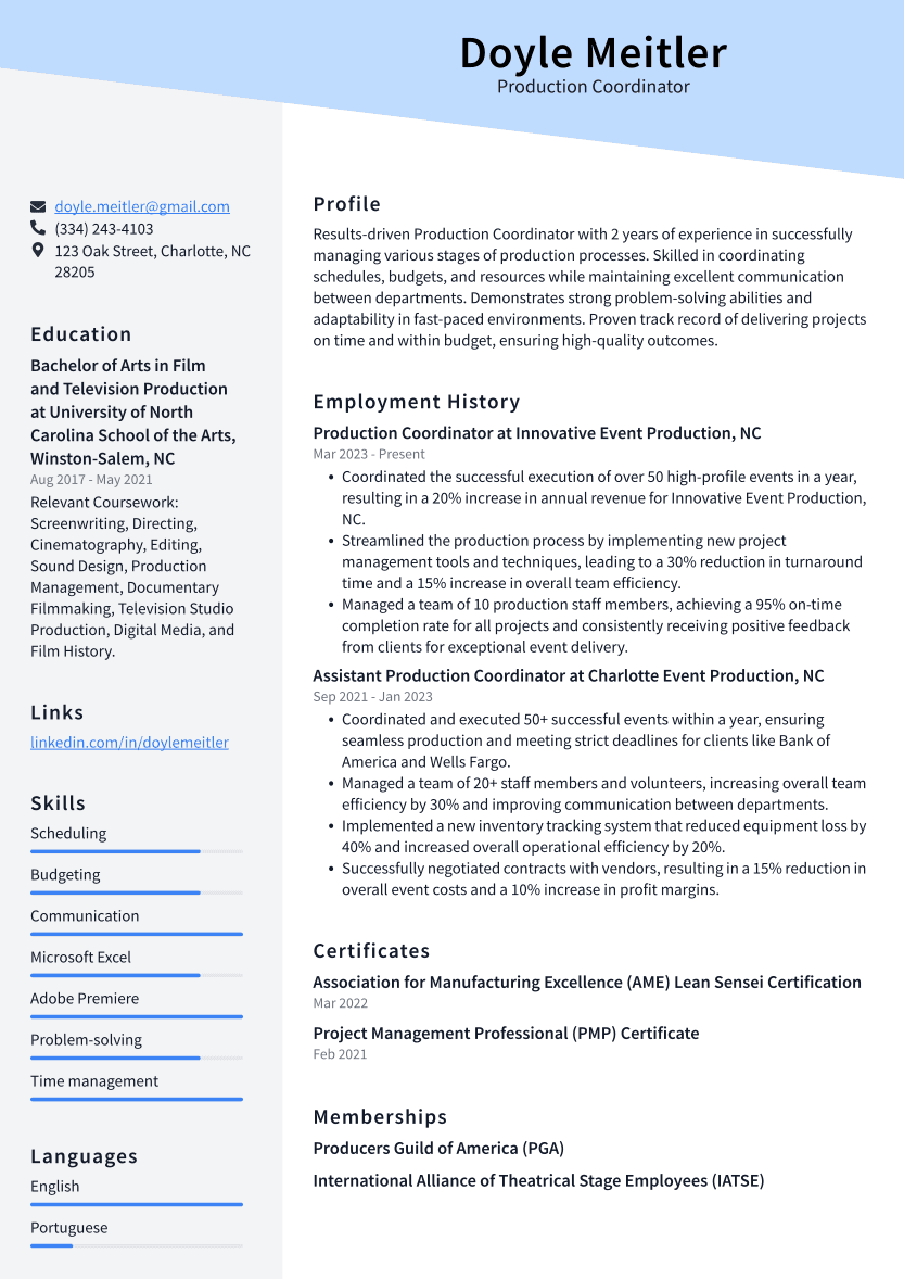 Production Coordinator Resume Template