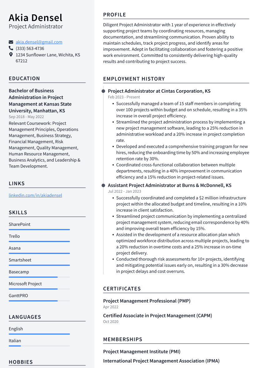 Project Administrator Resume Example