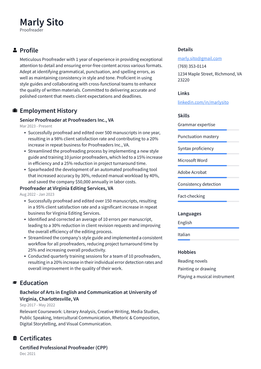 Proofreader Resume Example