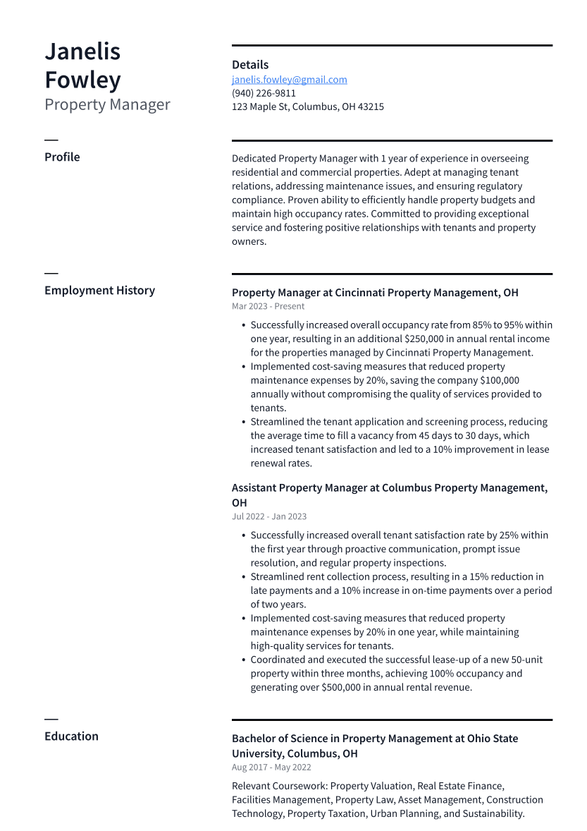 Property Manager Resume Example