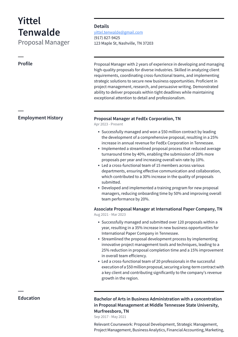 Proposal Manager Resume Example