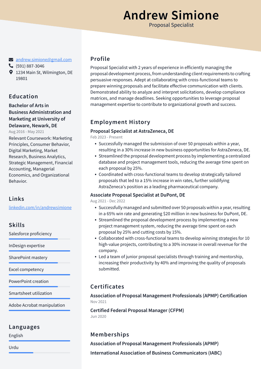 Proposal Specialist Resume Example