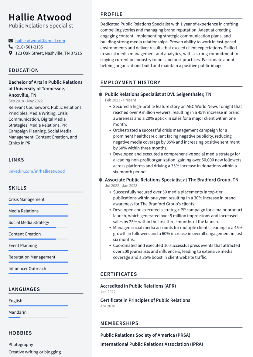 Public Relations Specialist Resume Example