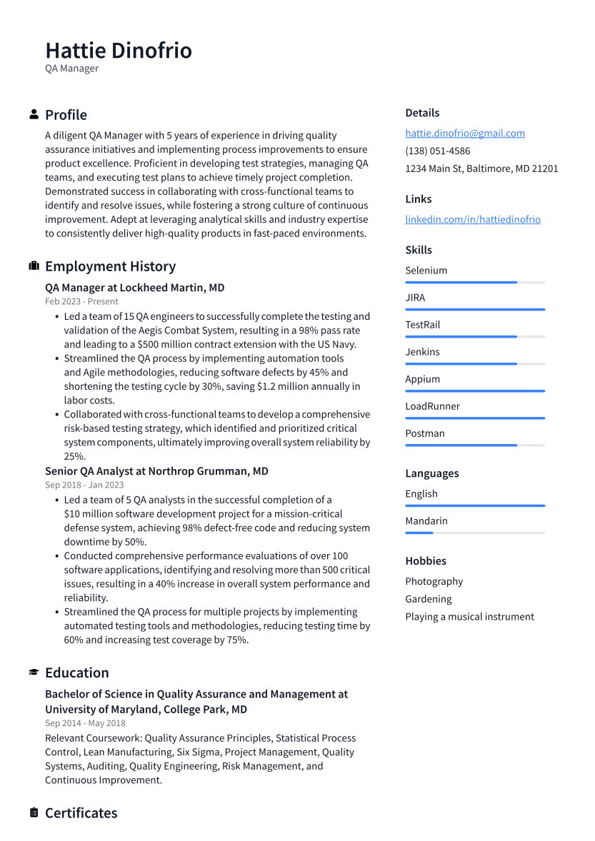 QA Manager Resume Example