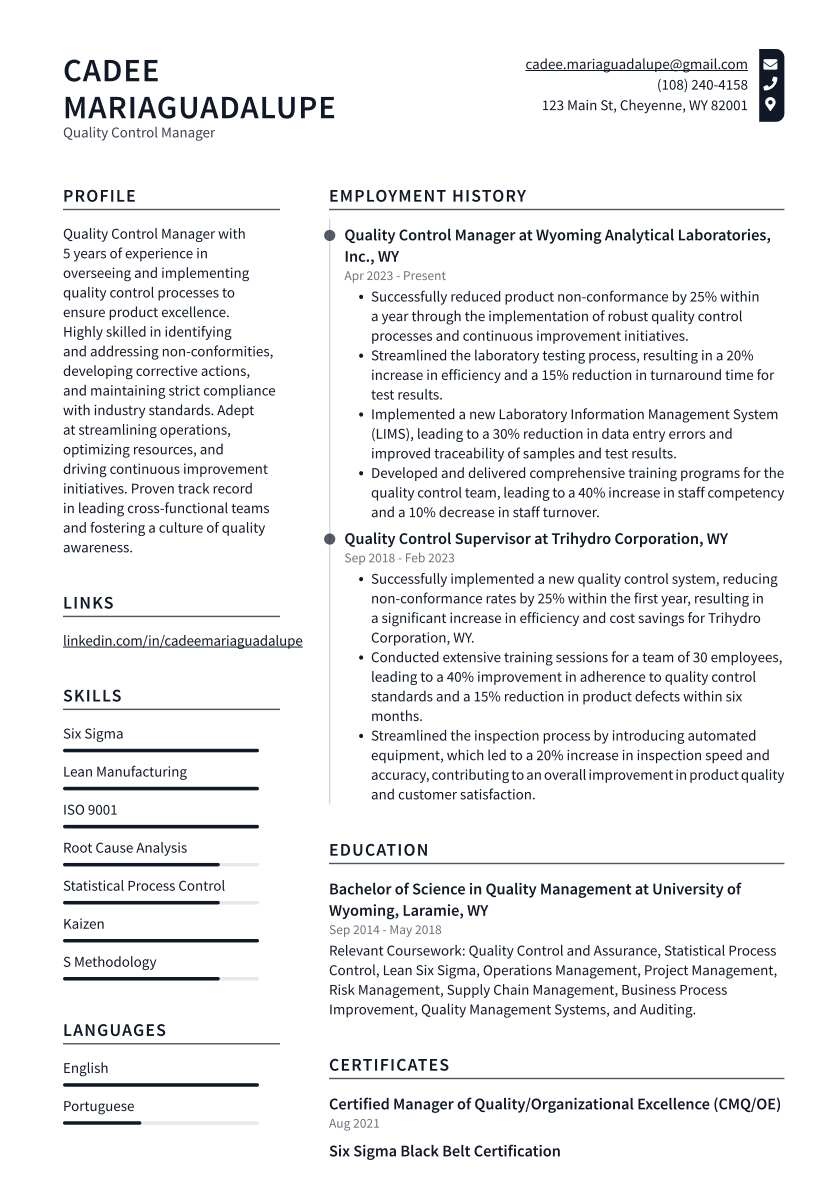 Quality Control Manager Resume Example