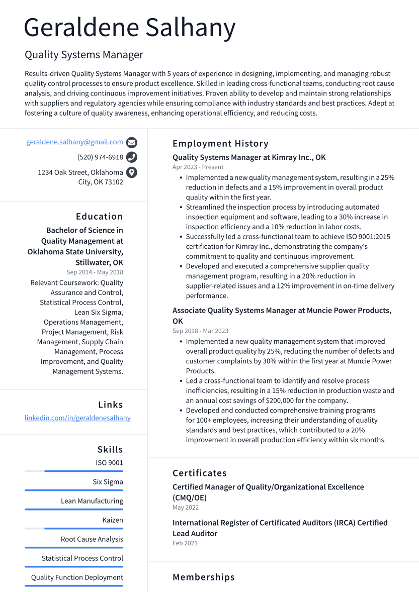 Quality Systems Manager Resume Example