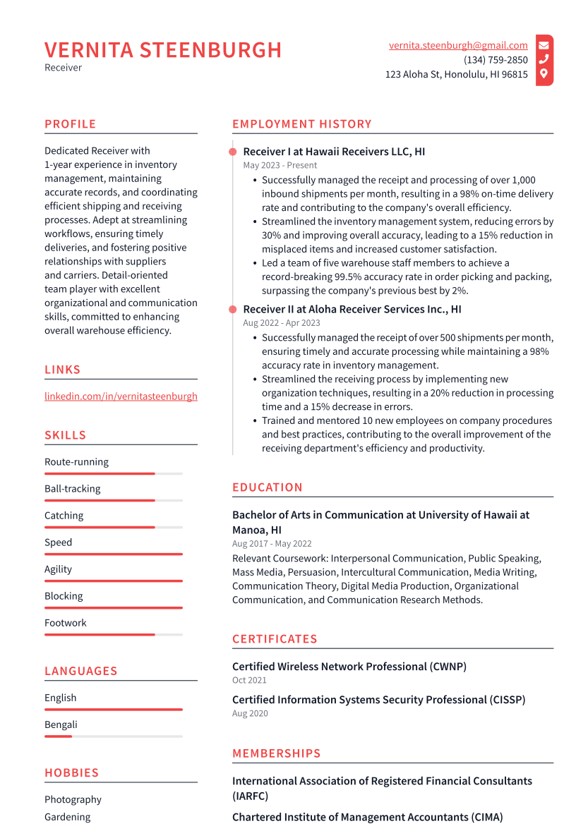 Receiver Resume Example