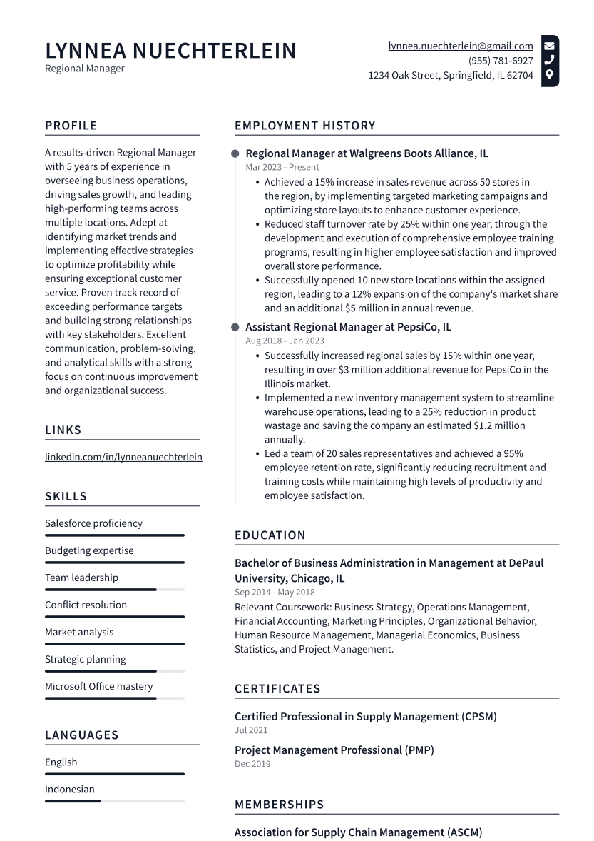 Regional Manager Resume Example