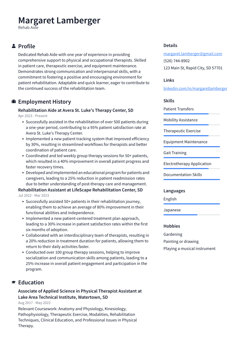Rehab Aide Resume Example