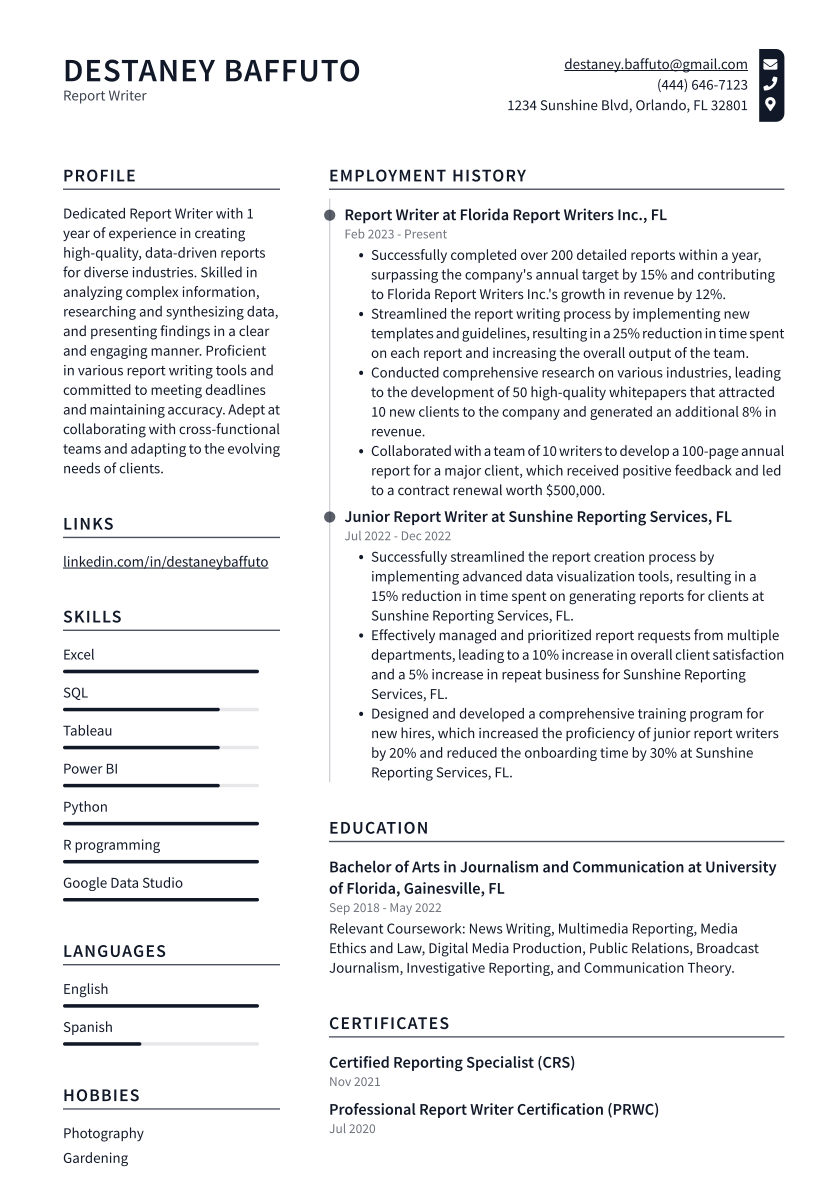 Report Writer Resume Example