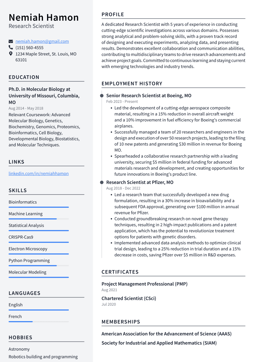 Research Scientist Resume Example