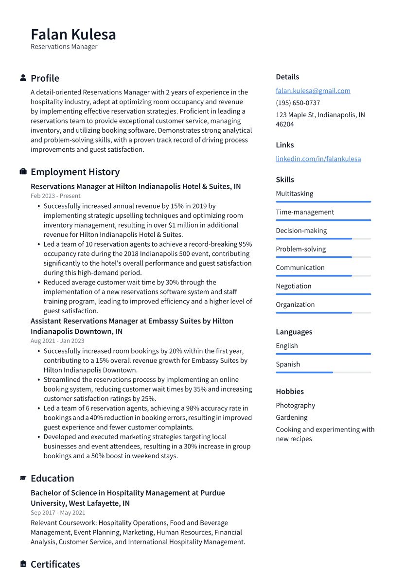 Reservations Manager Resume Example