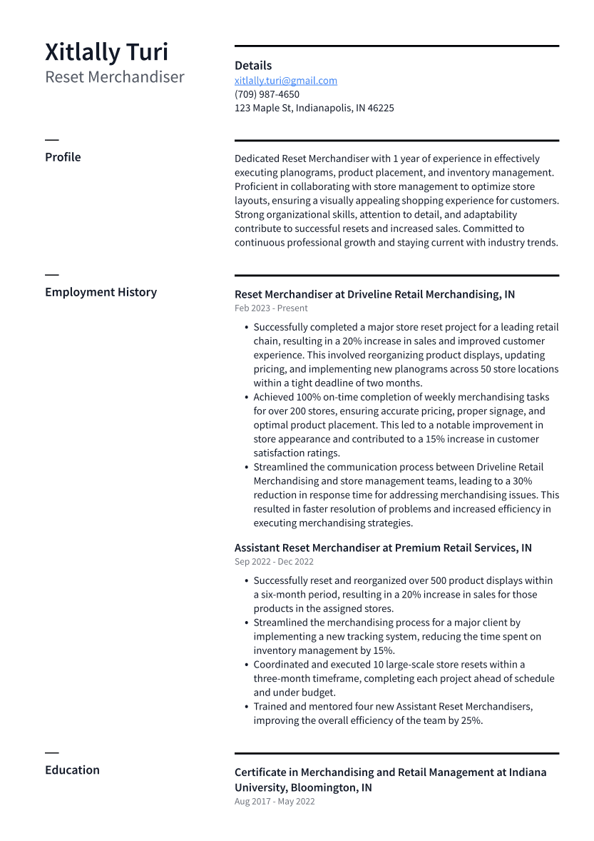 Reset Merchandiser Resume Example