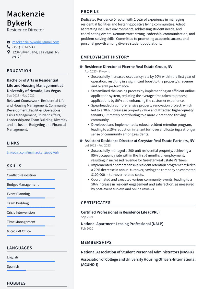 Residence Director Resume Example