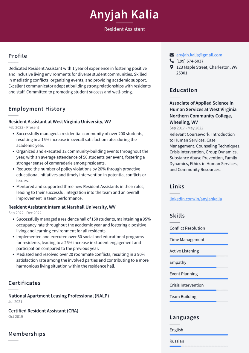 Resident Assistant Resume Example