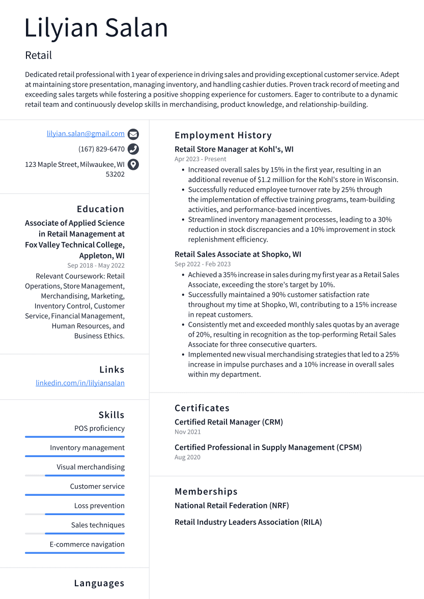 Retail Resume Example