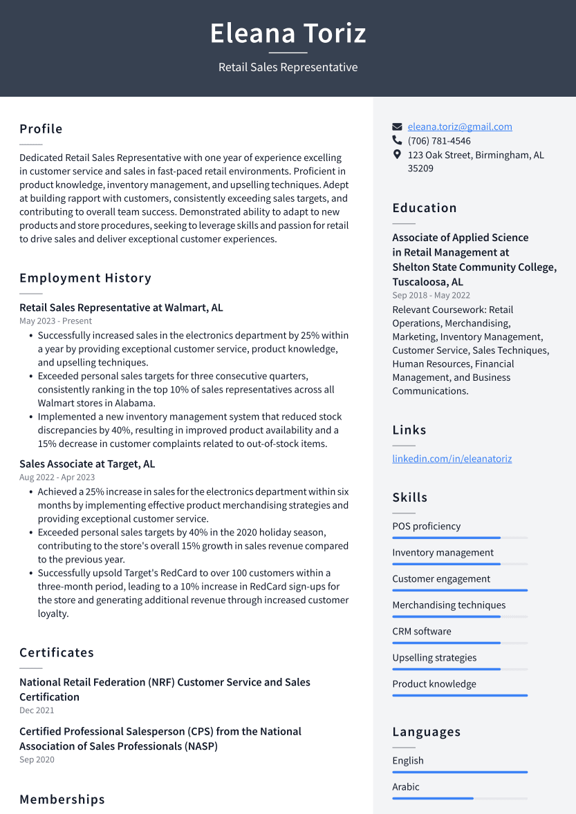 Retail Sales Representative Resume Example