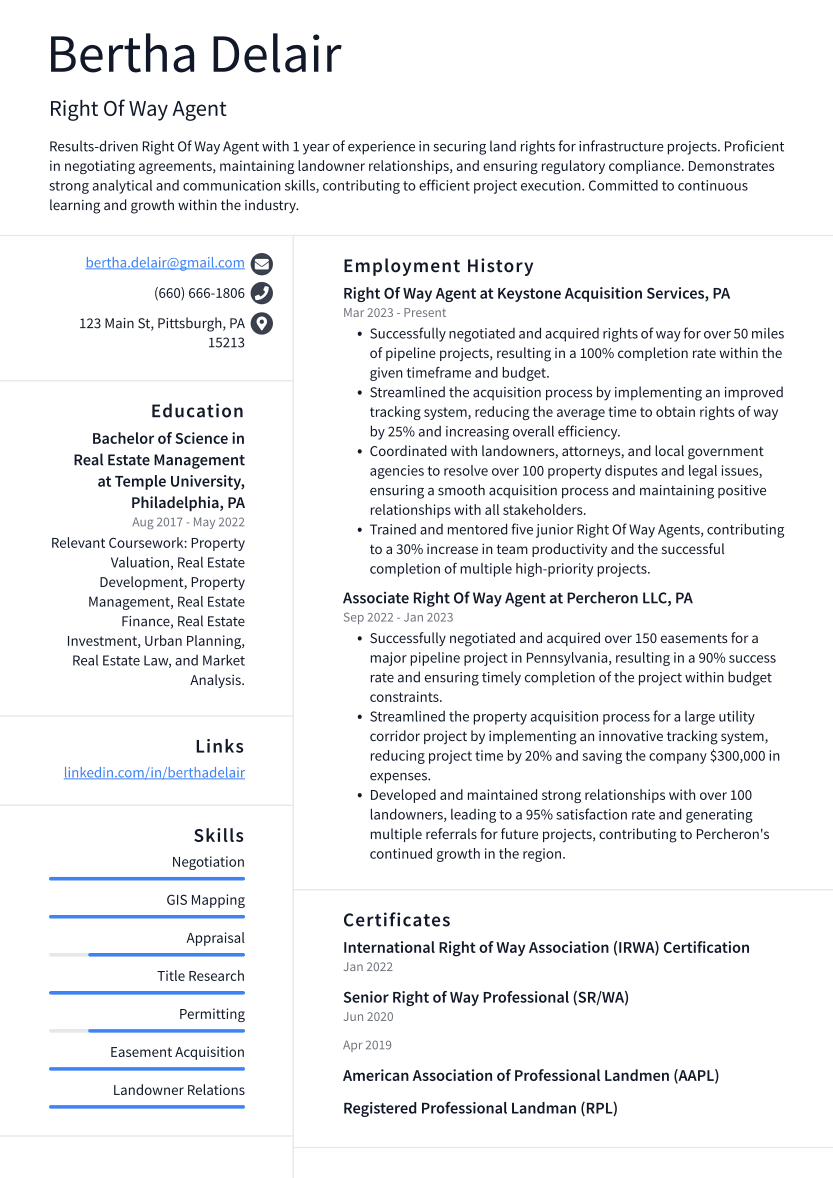 Right Of Way Agent Resume Example