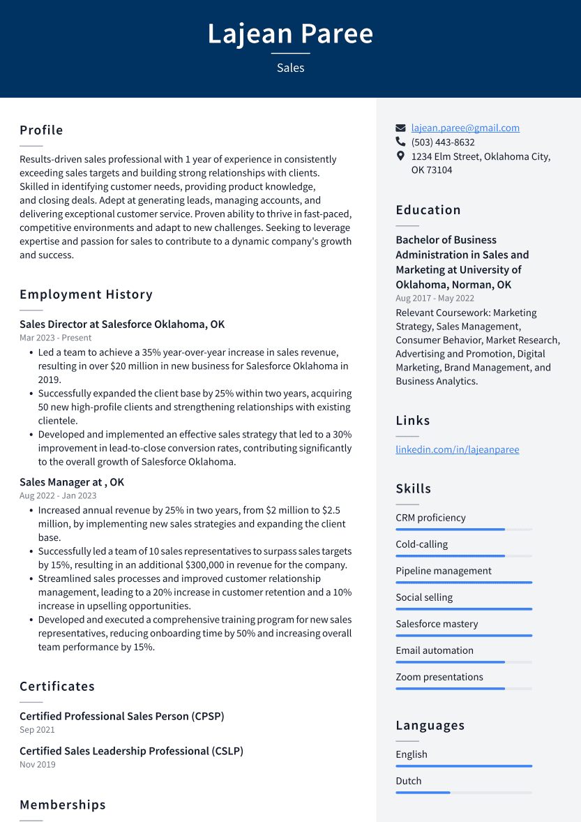 Sales Resume Example