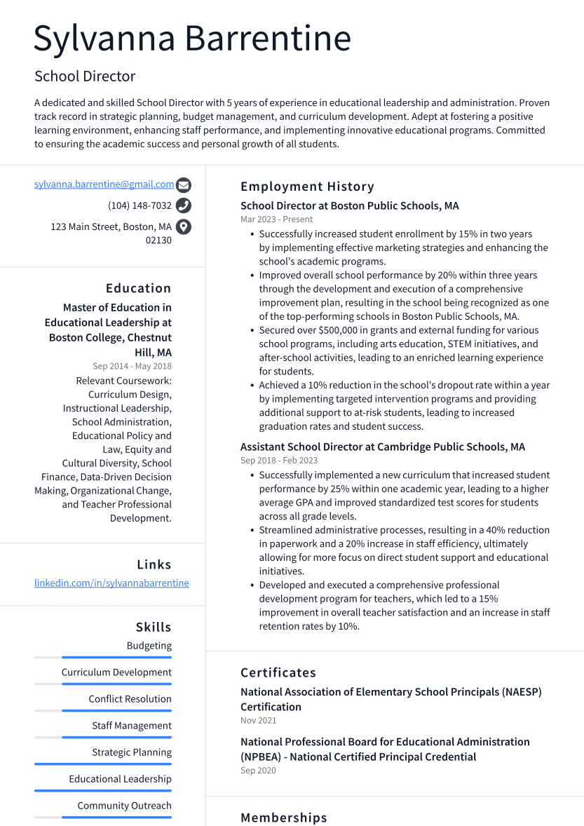 School Director Resume Example