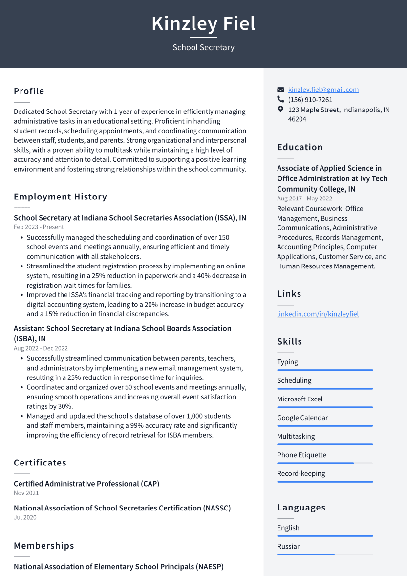 School Secretary Resume Example