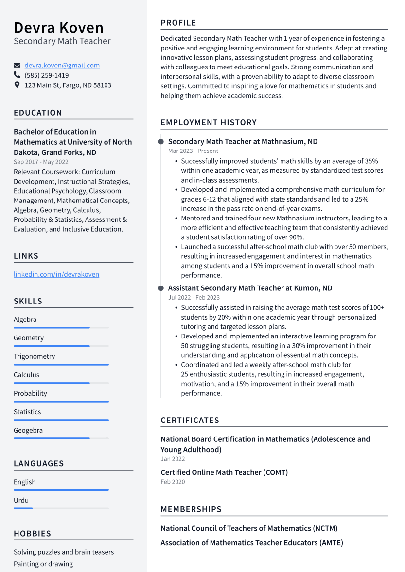 Secondary Math Teacher Resume Example